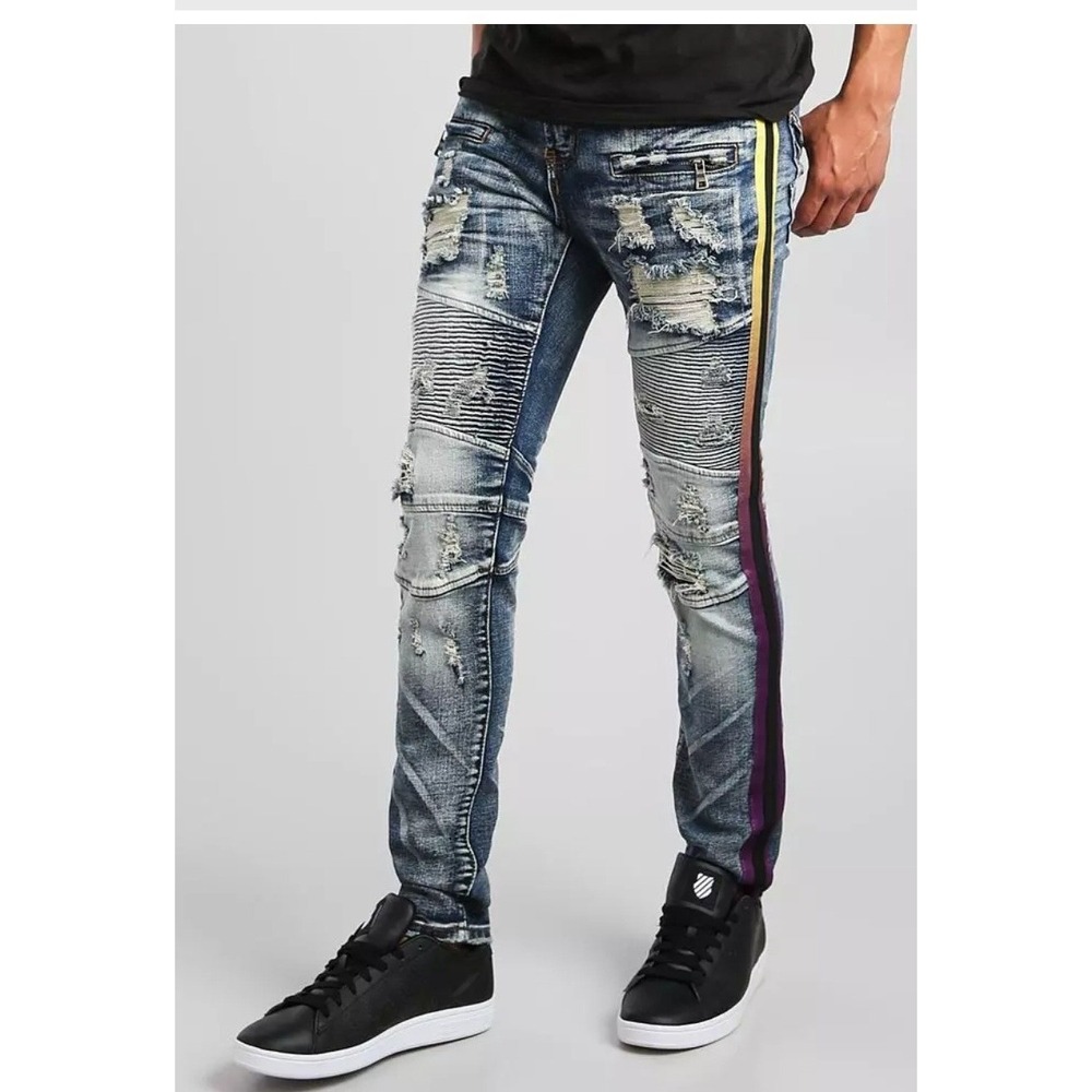 PREME Biker Moto Jeans Mens 38x32 BlueDistressed Side Stripe Slim Fit‎